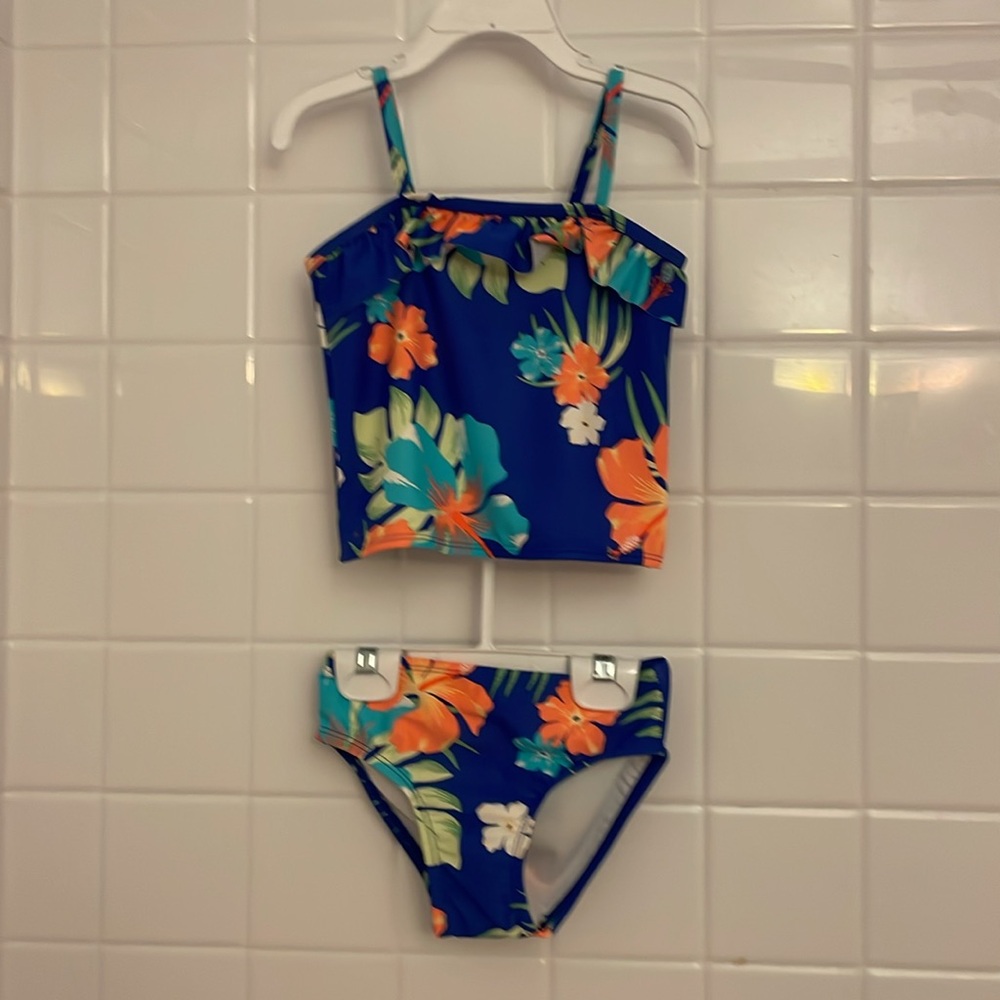NWT The Children Place Floral Kids tankini Swim Set - Blue and Orange. Size 4T